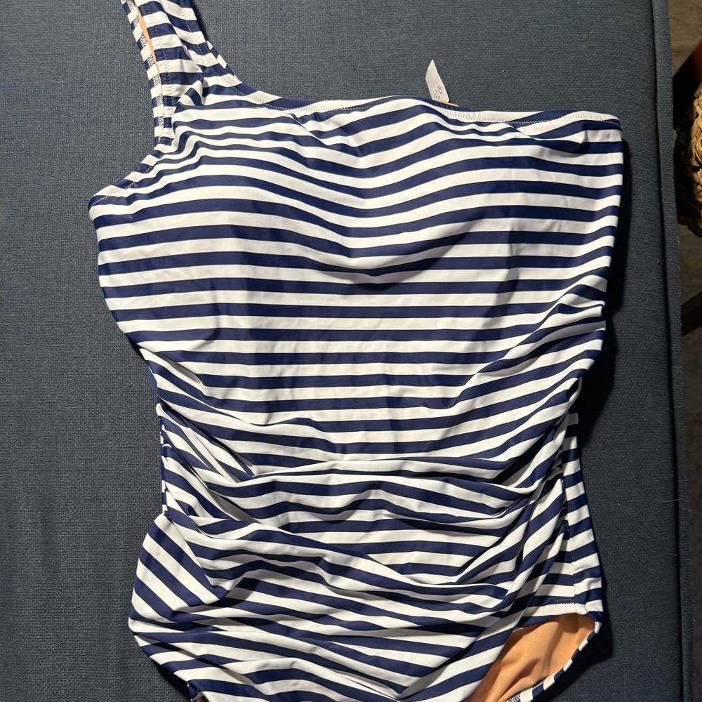 J. Crew One Shoulder Ruched One Piece Navy/White Stripes NWT size 16 - Picture 3 of 9